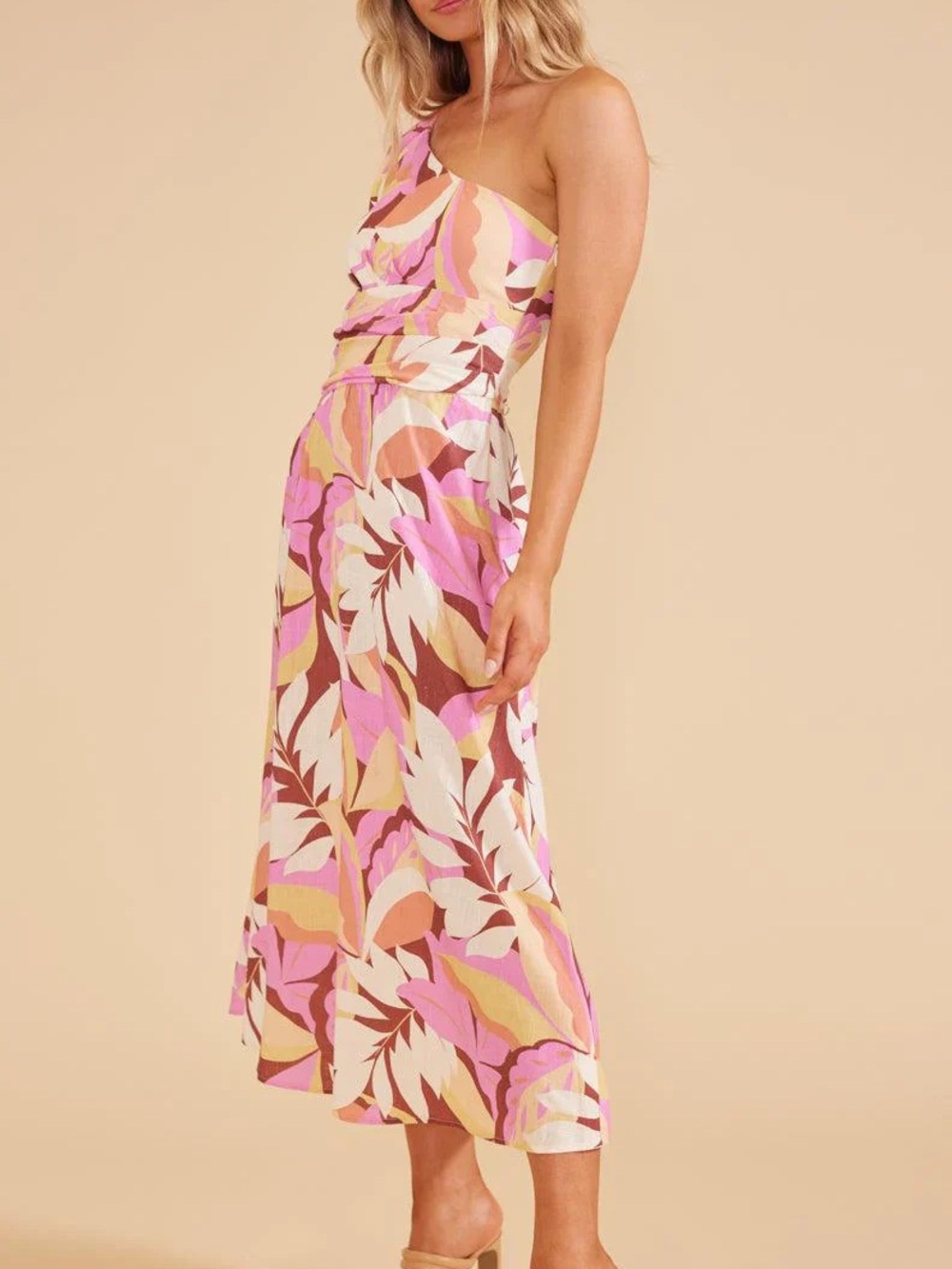 Minkpink One-Shoulder Floral Midi Dress in Pink and Brown